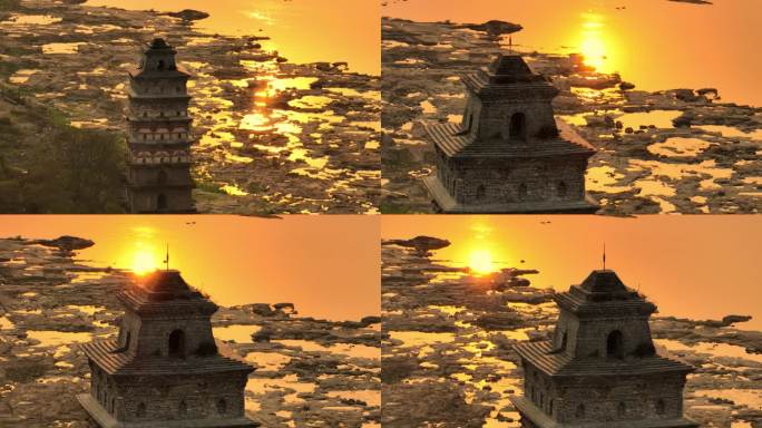 航拍夕阳下的广安白塔