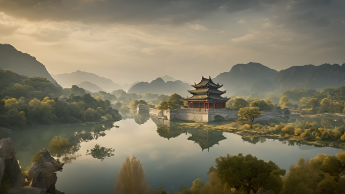 中国古典园林 中式山水 江南园林 山水画