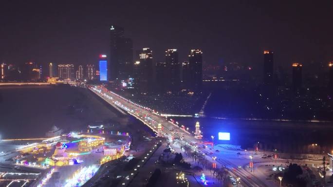 4K航拍哈尔滨城市夜景