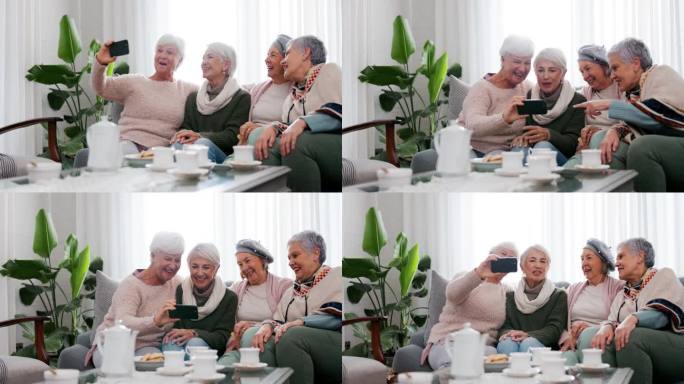 手机、自拍和老年女性朋友在家里的客厅一起参加茶话会。微笑着，退休和一群老人一起坐在沙发上一边拍照