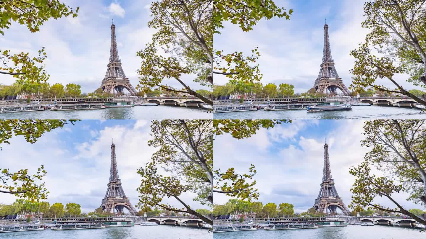 巴黎的埃菲尔铁塔和绿色的天空背景。