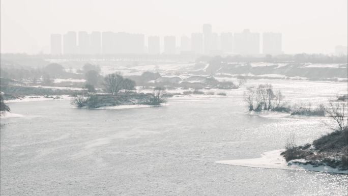 冬季河水湿地楼房北方水墨