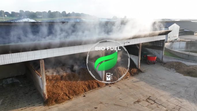 蒸汽从生物燃料设施的生物质堆中升起。航拍与3D动画。特效。用堆肥耕作。