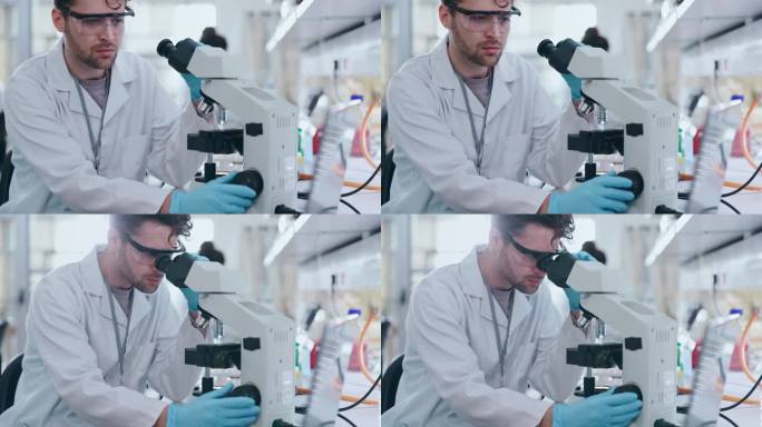 显微镜，科学和人在实验室调查和研究dna颗粒，检查镜头和测试结果。年轻的科学家，生物技术和审查细菌和