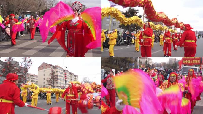 龙年春节扭秧歌舞龙表演民间艺术