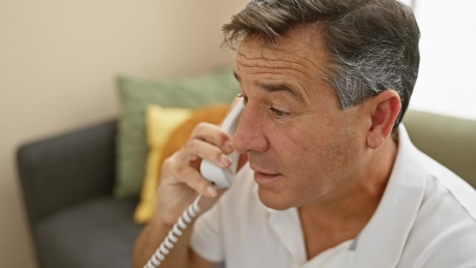 一个中年男子在舒适的客厅里用固定电话表达他在家里的交流。