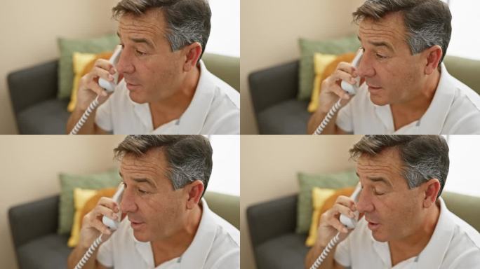 一个中年男子在舒适的客厅里用固定电话表达他在家里的交流。