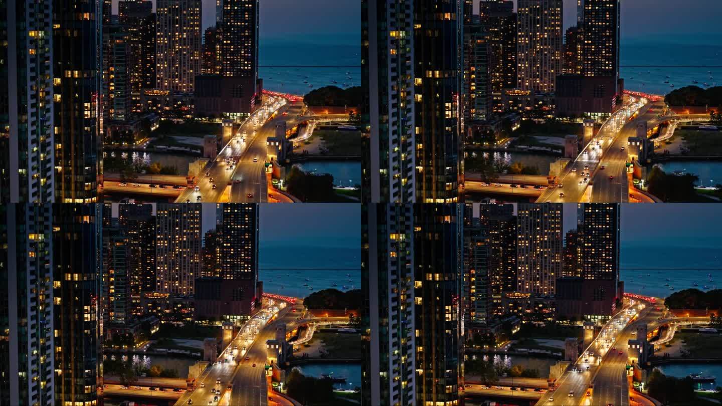 芝加哥富兰克林·德拉诺·罗斯福桥上行驶的汽车的静态建立镜头