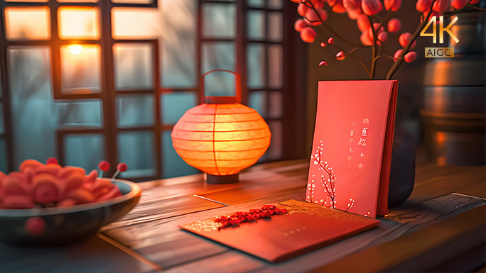 中国古风场景 温馨唯美春节室内 窗户桌子