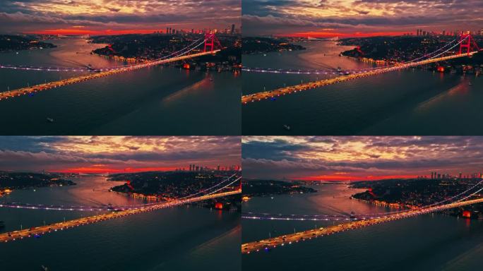 航拍黄昏时分标志性的法提赫苏丹穆罕默德大桥的雄伟照片# istanbul - vibes #法提赫苏