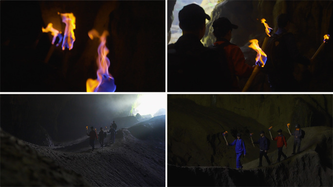探险家团队举着火把黑暗中前行神秘洞中探险