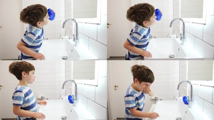 洗鼻。小孩在用生理盐水洗鼻。一个小男孩用洗鼻壶治疗流鼻涕。鼻灌洗。一个灌溉罐。窦问题。鼻过敏。家庭浴