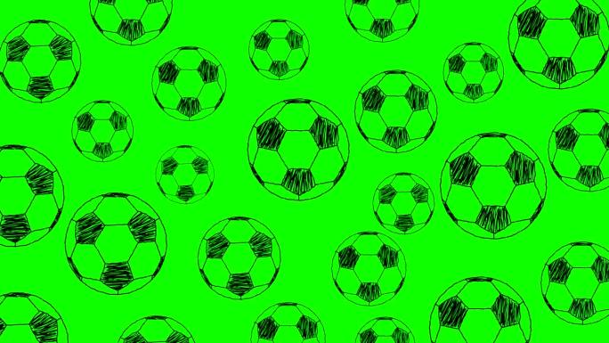 动画与几个足球在黑色铅笔笔画绿色背景，卡通，艺术。