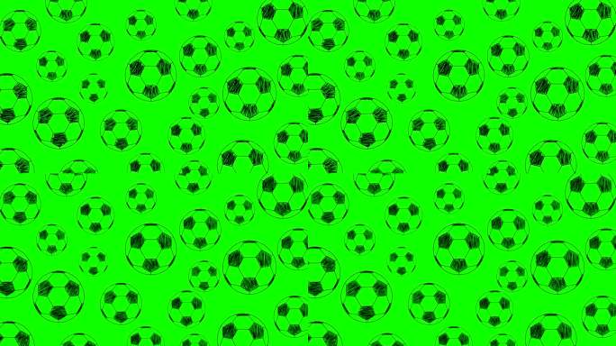 动画与几个足球在黑色铅笔笔画绿色背景，卡通，艺术。