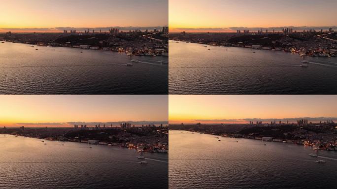 航拍伊斯坦布尔的欧洲面:黄昏时分，沿着博斯普鲁斯海峡的航拍奥德赛与金融区的摩天大楼，# trkiye