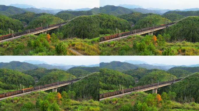 俯拍中欧班列山间行驶