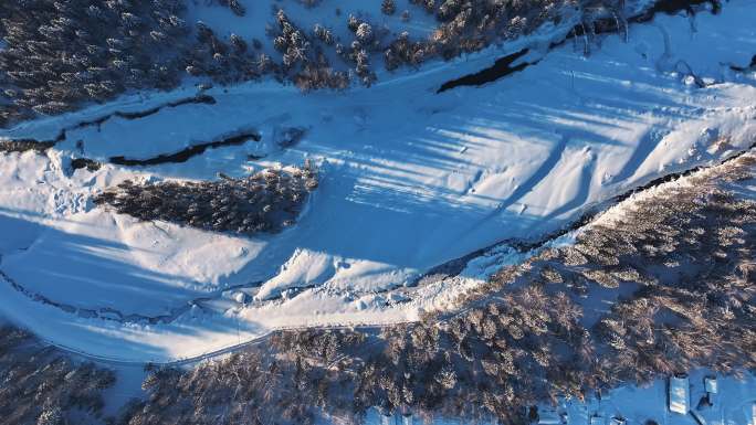 阿勒泰禾木冬季冰雪河流瀑布航拍自然风景