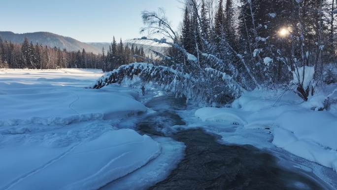 阿勒泰禾木冬季冰雪河流瀑布航拍风景