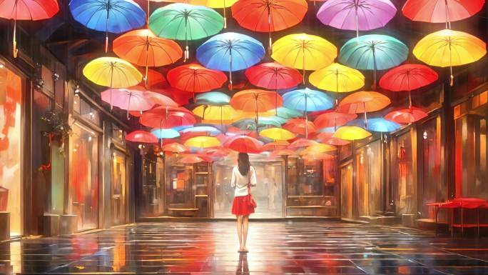 4K卡通油画动漫抒情下雨雨伞撑伞背景