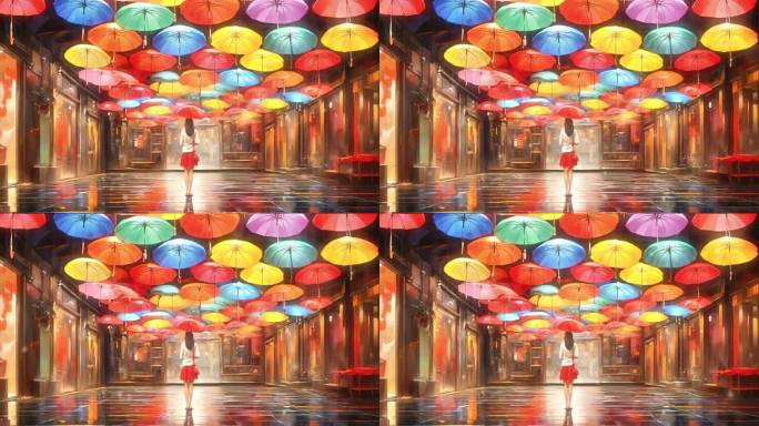 4K卡通油画动漫抒情下雨雨伞撑伞背景