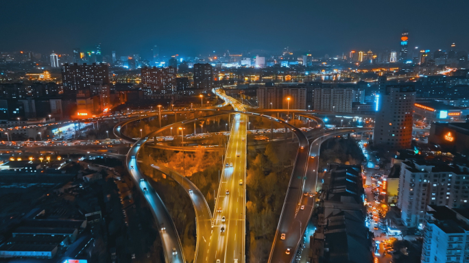 北园立交桥夜景航拍车流延时4K