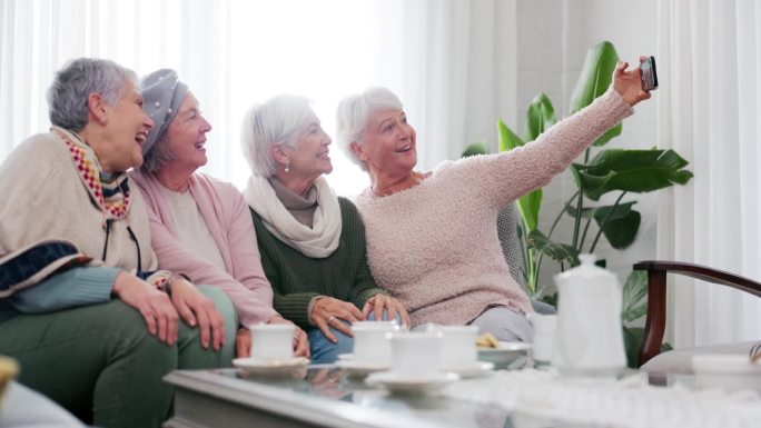 自拍，回忆和老女人朋友在家里的客厅一起参加茶话会。微笑，退休和一群快乐的老人一起坐在沙发上拍照