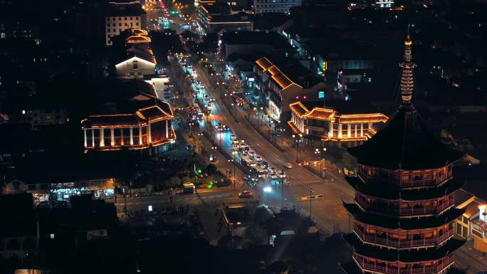 航拍苏州夜景北寺塔老城区姑苏区