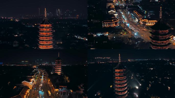 航拍苏州夜景北寺塔老城区姑苏区