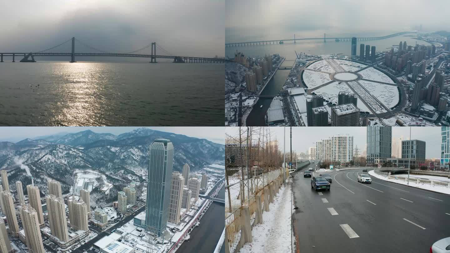 航拍城堡星海跨海大桥冬季雪景城市滨海路