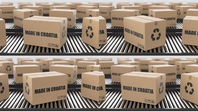 带有克罗地亚制造文字的纸箱在滚筒输送机上。工厂生产线仓库。制造出口或交付概念。3D渲染动画。无缝循环