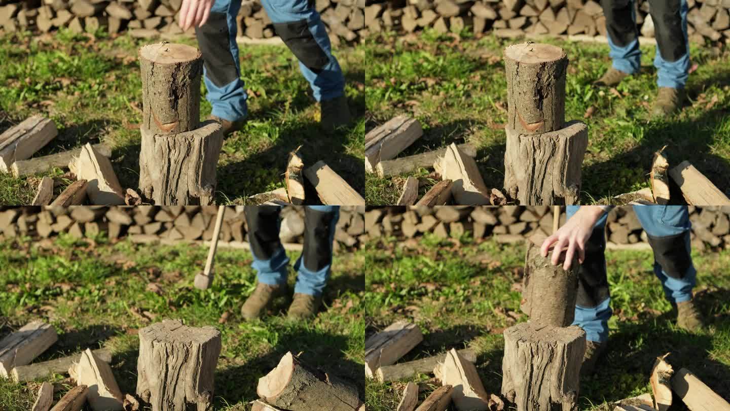 伐木工人为冬天砍柴，年轻人拿着斧头砍柴，特写镜头，慢镜头准备好了
