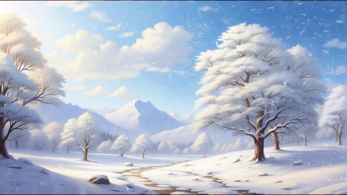 4K卡通动画动漫飘雪雪山下雪冬季冬天背景