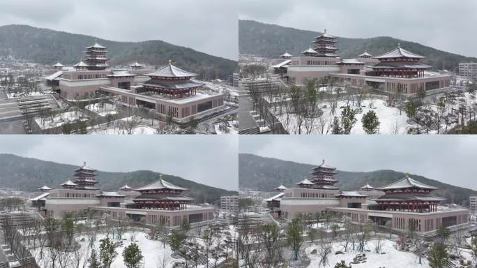 航拍襄阳博物馆新馆冬天雪景城市建筑风光