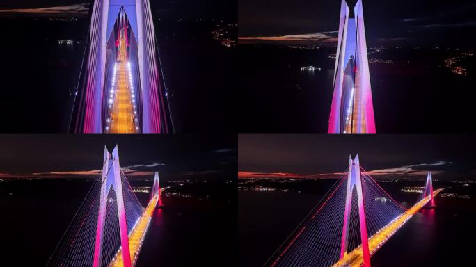 亚武兹苏丹塞利姆大桥上的空中交通在夜间的荣耀中燃烧#雄伟的暮色#桥梁照明#博斯普鲁斯海峡#桥梁视角