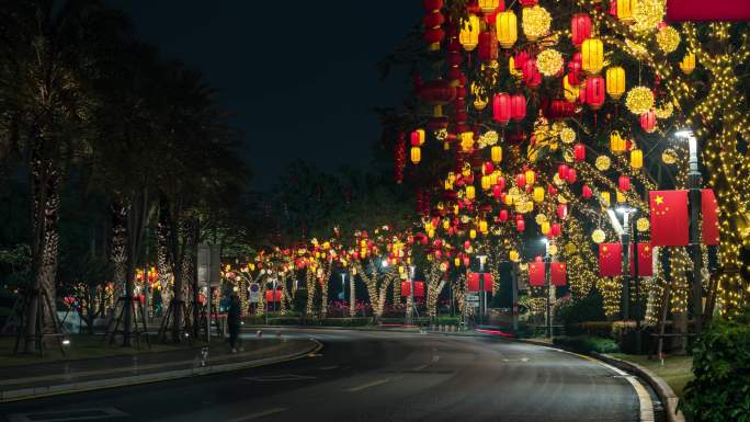 新年城市街道的红灯笼延时摄影4k