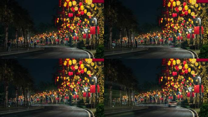新年城市街道的红灯笼延时摄影4k