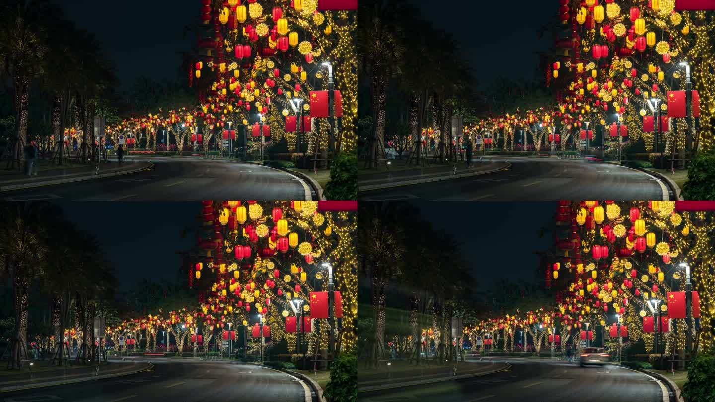 新年城市街道的红灯笼延时摄影4k