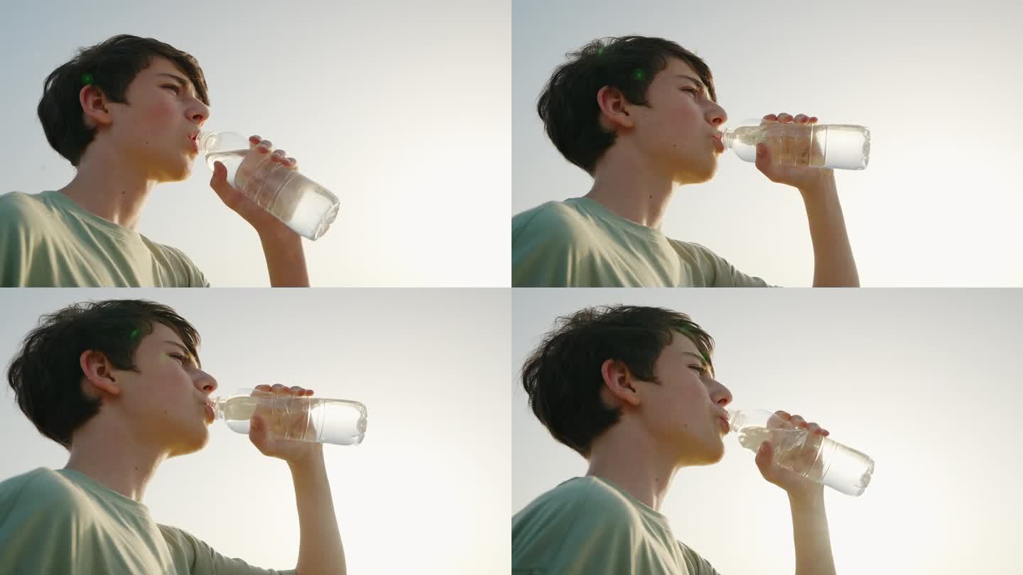 男性在炎热的时候贪婪地喝着瓶子里的水，骑自行车散步，暑假后锻炼或运动日落特写。白种人男孩在大热天喝矿