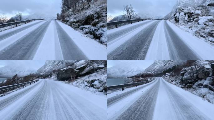 冬天积雪覆盖的公路，挪威的路