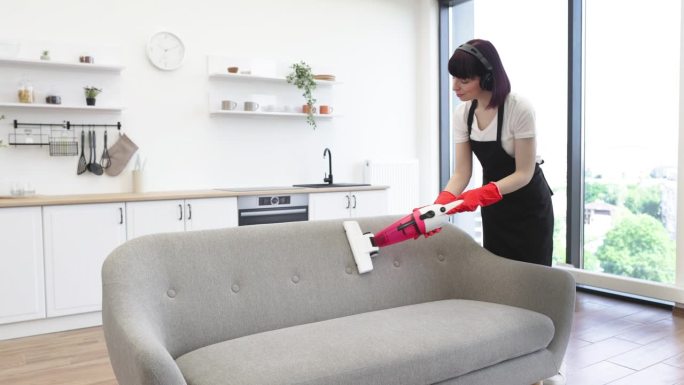 用便携式吸尘器给沙发吸尘的全套年轻吸尘器。