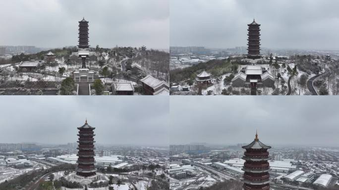 航拍襄阳岘首山岘首亭文笔峰塔冬天雪景风光