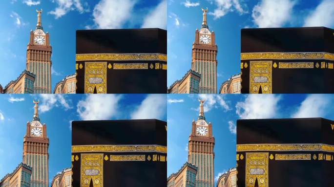 在阴天的背景下，体验麦加神圣清真寺和麦加皇家钟楼的迷人时间流逝。哈拉姆清真寺的尖塔优雅地刺穿天空。