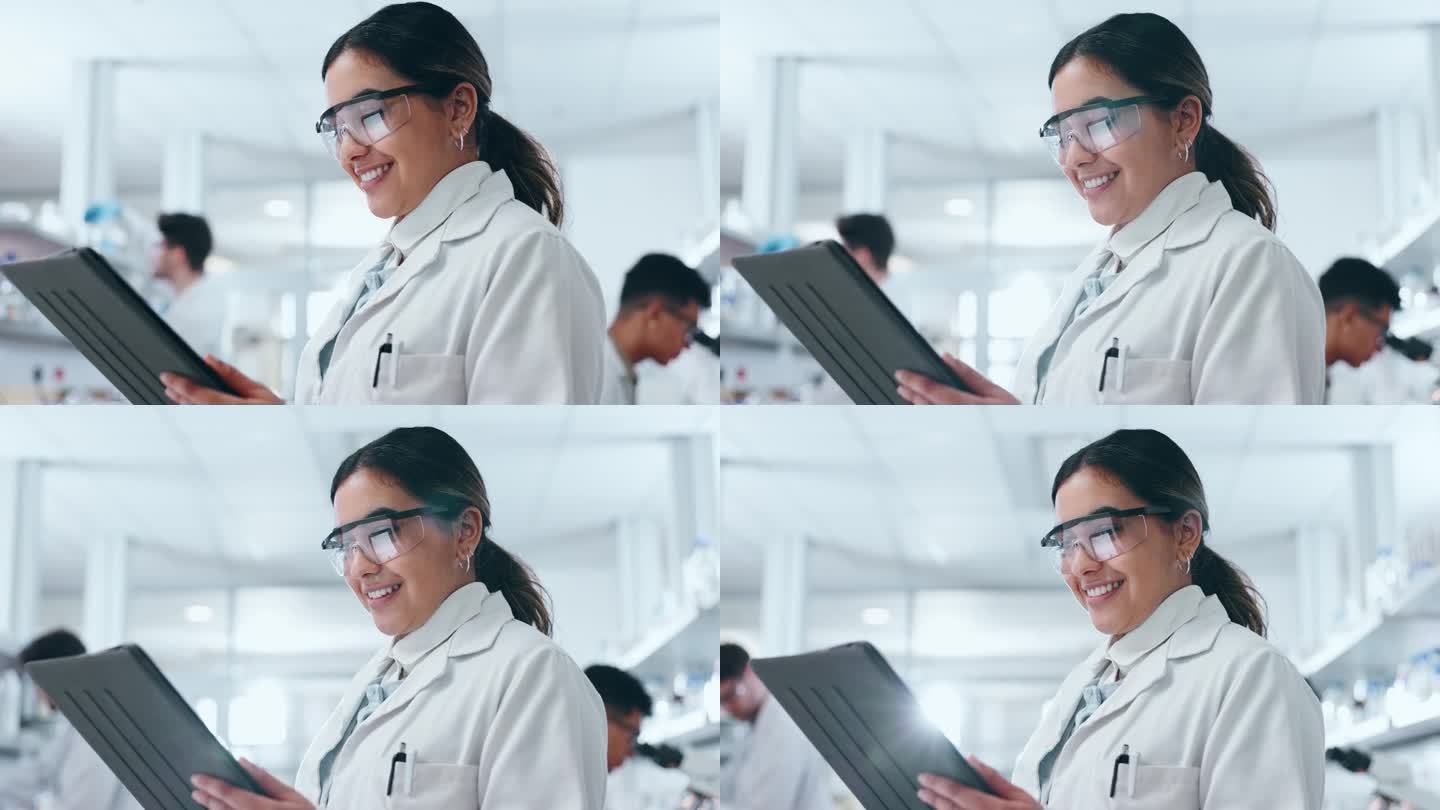 科学，平板电脑和女人微笑在实验室与研究，在线数据和药物研究。女科学家，从事生物技术的医学、保健和化学