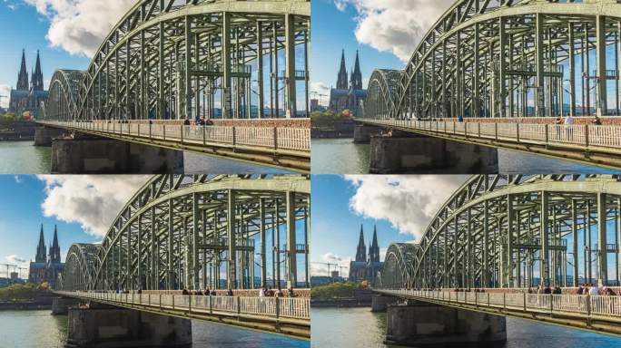 欧洲德国科隆，拥挤的人群和游客走在莱茵河上的霍亨索伦桥上，科隆大教堂