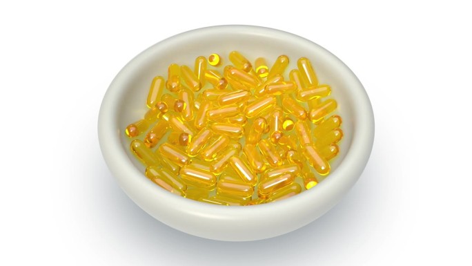 3D动画，欧米伽3黄金鱼油胶囊滴剂，欧米伽3黄金鱼油胶囊凝胶补充，欧米伽3鱼油，医疗保健药房的概念