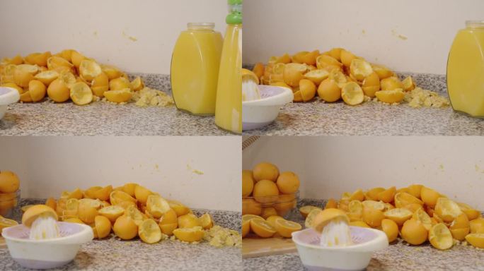 两大罐刚榨好的自制橙汁，桌上和墙上堆满了橘子皮和果肉，榨汁后一片狼藉。