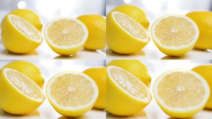向白色桌子上的新鲜柠檬走去，选择焦点，水果概念
