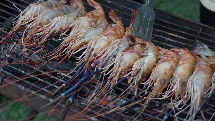烧烤和烧烤聚会在篝火与家人。用对虾和小虾烹饪烧烤海鲜。与朋友的生活方式和户外活动。