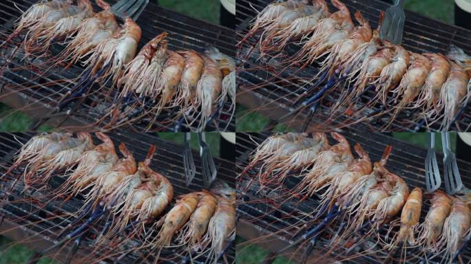 烧烤和烧烤聚会在篝火与家人。用对虾和小虾烹饪烧烤海鲜。与朋友的生活方式和户外活动。
