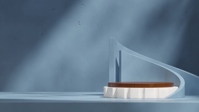 无缝循环阴影动画与蓝色弯曲形状的背景，3d渲染素材的空白模型木材纹理和白色的讲台